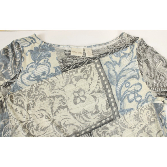 Chico's Tunic Top Asymmetrical Hem Multi Pattern Women L Cream Blue Long Sleeve - Picture 9 of 10